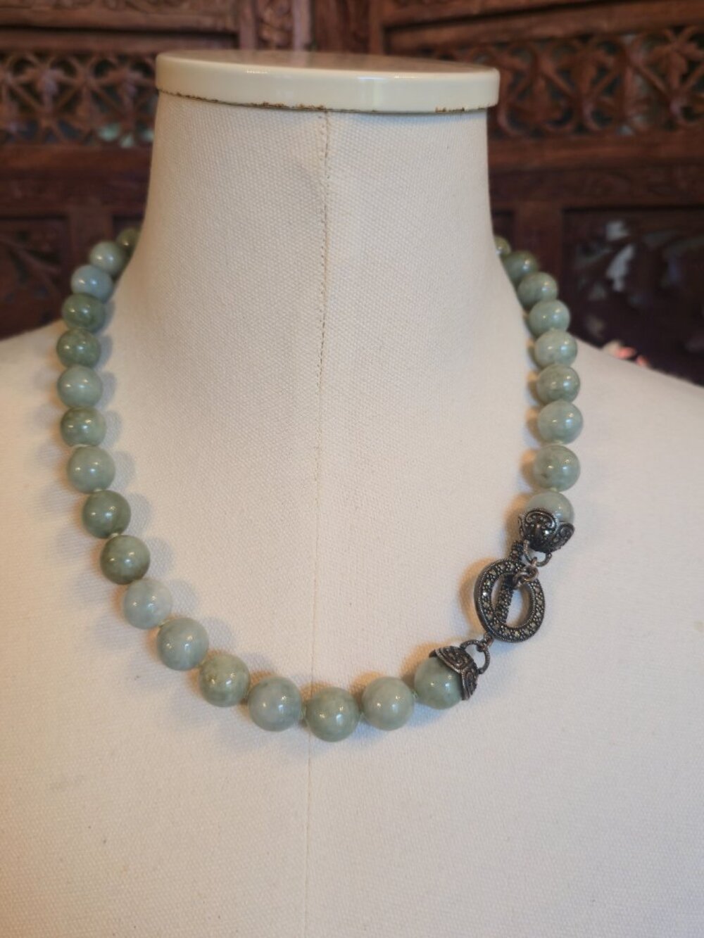 Jade Jadeite 20" necklace with marcasite sterling silver toggle clasp